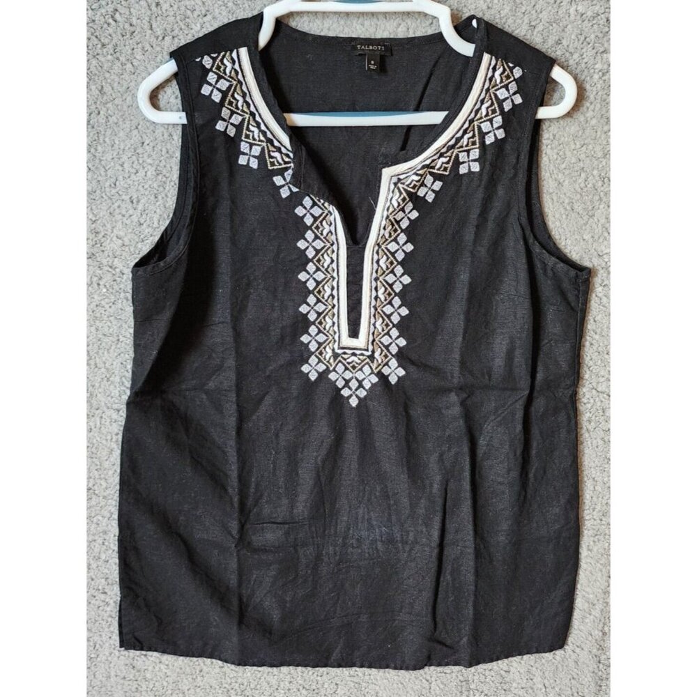 Talbots Women's Sleeveless V Neck Popover Tunic Top Embroidered Linen Blend Sz 8